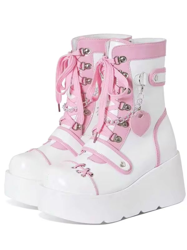 Goth Punk Women's Chain Platform Boots Platform Wedge Ankle Boots Goth Patent Lace Up Boot Chain Strappy Booties Lace Up&Zipper Combat Boots